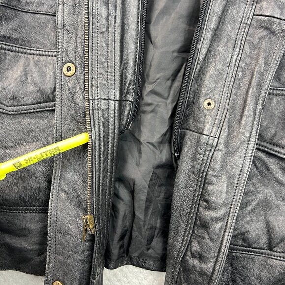 Vintage 90s Charles Klein Mens Leather Field Jacket Black Coat Waist Ties Sz XL - Picture 12 of 16